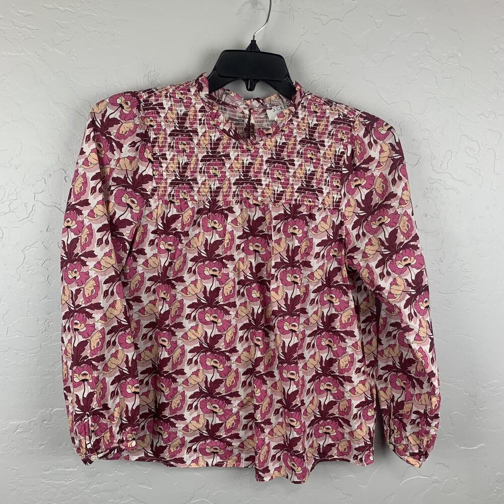 J.Crew Liberty Fabric Blouse Womens Medium Pink Floral Smocked Ruffle Neck Boho